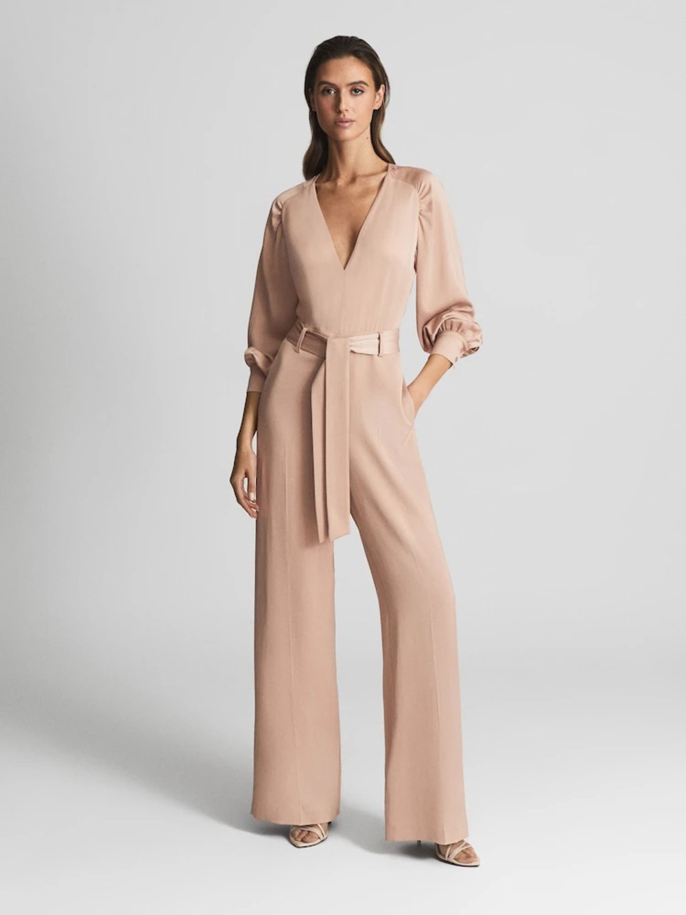 New! REISS Elsa Long Sleeve Wide Leg Jumpsuit In Blush Pink